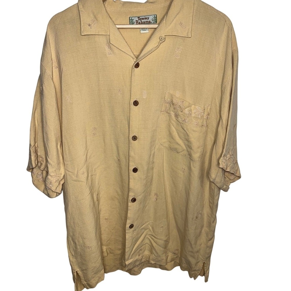 Tommy Bahama Mens Silk Button Down Shirt Embroidered Palm Tree Yellow Large